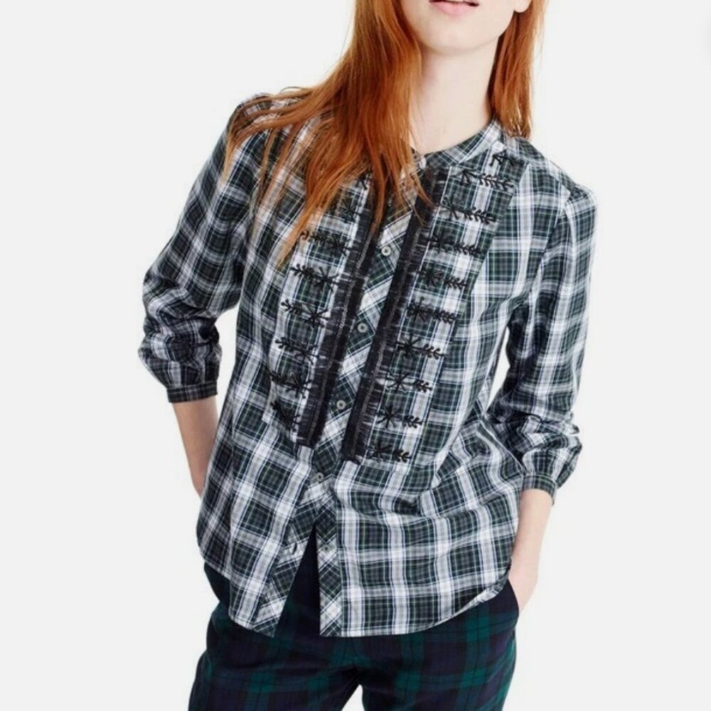 J Crew 100% Cotton Embellished Button-Up Plaid Shirt Size Petite S